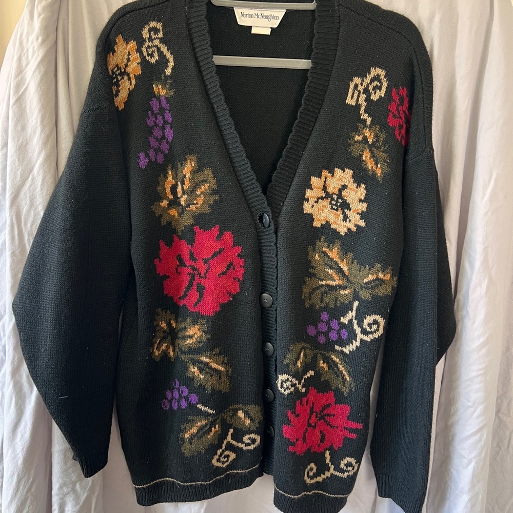 Norton McNaughton Black Cardigan with Floral Design